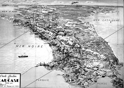 Roger-Viollet | 1421869 | Carte illustrée du Caucase, 1945. Fonds France Soir. Bibliothèque historique de la Ville de Paris. | &copy; Fonds France-Soir / BHVP / Roger-Viollet