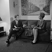 Roger-Viollet | 801280 | Jean-Pierre Aumont (1911-2001) and Marina Vlady (1938-2026), French actors, during the shooting of 