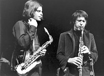 Roger-Viollet | 1464293 | Joachim Kühn (born in 1944), German jazz pianist and saxophonist, and Michel Portal (1935-2026), French composer and musician, during a concert at the Théâtre de la Ville. Paris (4th arrondissement), May 1969. | &copy; Christian Rose / Roger-Viollet