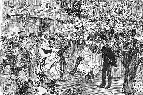 Roger-Viollet | 883437 |  Le Quadrille à l'Elysée-Montmartre . Drawing by Ferdinand Lunel engraved by Ch. Decaux.  Le Courrier français , on December 1st, 1889. | &copy; Roger-Viollet / Roger-Viollet