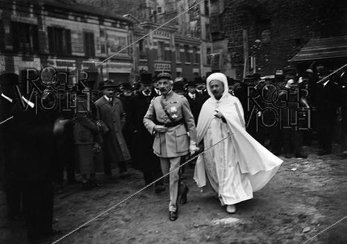 Roger-Viollet | 663504 | Marshal Lyautey (1854–1934) and Si Kaddour Ben Ghabrit (1868–1954), an Algerian theologian and senior civil servant, at the laying of the cornerstone of the Paris Mosque. Paris (5th arrondissement), 1922. | &copy; Maurice-Louis Branger / Roger-Viollet