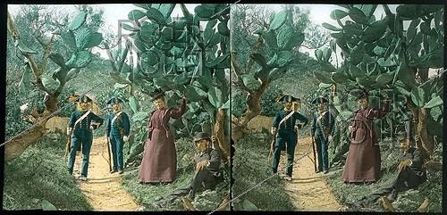Roger-Viollet | 634513 | Messine (Sicile). Sous les cactus. Vue stéréoscopique coloriée manuellement à l’époque. | &copy; Léon & Lévy / Roger-Viollet