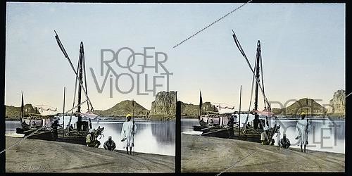 Roger-Viollet | 1573628 | Passenger boat on the Nile. Nubia (Egypt), circa 1880. Stereoscopic view, hand-colored at the time. | &copy; Léon & Lévy / Roger-Viollet
