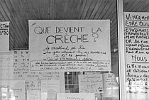 Roger-Viollet | 1438133 | Posters protesting the crèche and the reopening of the faculty at Vincennes (Val-de-Marne), January 13, 1969. Photograph by Daniel Lapied. Fonds France-Soir. Bibliothèque historique de la Ville de Paris. | &copy; Daniel Lapied / Fonds France-Soir / BHVP / Roger-Viollet