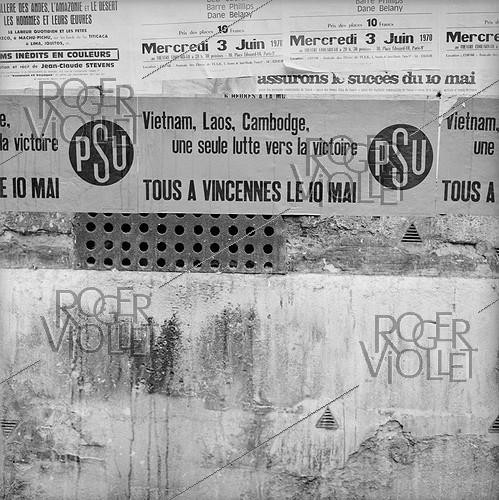 Roger-Viollet | 350800 | PSU revolutionary poster calling for a meeting at the Vincennes faculty in solidarity with the people's parties of Vietnam, Laos and Cambodia, Paris, 1970 | &copy; Roger-Viollet / Roger-Viollet