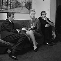 Roger-Viollet | 845857 | Roger Vadim (1928-2000), French actor and director, setting a scene with Marina Vlady (1938-2026) and Jean-Pierre Aumont (1911-2001), French actors, during the shooting of 