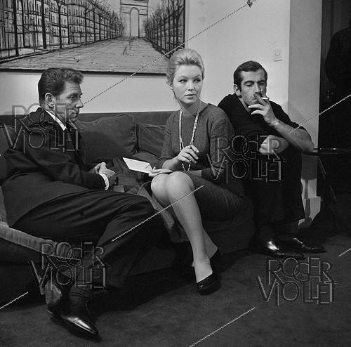 Roger-Viollet | 845857 | Roger Vadim (1928-2000), French actor and director, setting a scene with Marina Vlady (1938-2026) and Jean-Pierre Aumont (1911-2001), French actors, during the shooting of  L'Orgueil . France, on October 27, 1961. | &copy; Alain Adler / Roger-Viollet