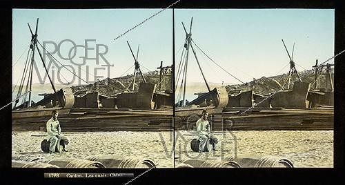 Roger-Viollet | 890252 | The docks, French soldier. Canton (China). Stereoscopic view, hand-colored at the time. Circa 1900. | &copy; Léon & Lévy / Roger-Viollet