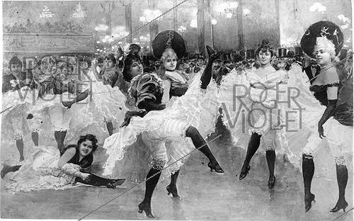 Roger-Viollet | 1094395 | The quadrille of the Moulin-Rouge in 1900. From left to right : Cadudja, la Môme Fromage, Serpolette (doing the splits), Nini pattes-en-l'air, la Sauterelle, Casque d'or, la Goulue and Rayon d'Or. | &copy; Albert Harlingue / Roger-Viollet