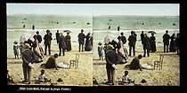 Roger-Viollet | 343602 | View of the beach. Saint-Malo (Ille-et-Vilaine), France, circa 1870. A stereoscopic image hand-colored at the time. | &copy; Léon & Lévy / Roger-Viollet