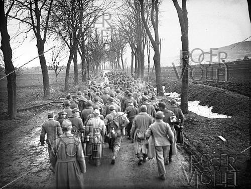 Roger-Viollet | 1421850 | World War II. Column of German prisoners of war walking near Rouffach (France), on February 9, 1945. Photograph fom the collections of the French newspaper  France-Soir . Bibliothèque historique de la Ville de Paris. | &copy; Fonds France-Soir / BHVP / Roger-Viollet