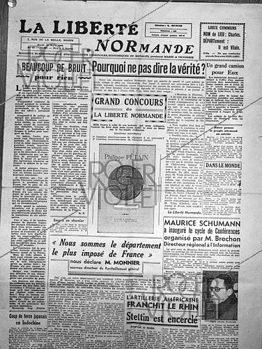 Roger-Viollet | 1421993 | World War II. Front page of the French newspaper  La Liberté normande  of March 13, 1945. Photograph from the collections of the French newspaper  France-Soir . Bibliothèque historique de la Ville de Paris. | &copy; Fonds France-Soir / BHVP / Roger-Viollet